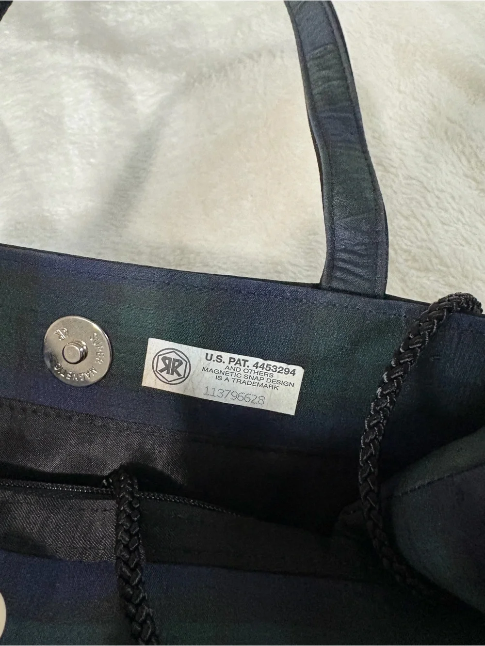 Vintage 90s Talbots Black Small Tote Handbag Magnetic Snap Drawstring Zip Pocket
